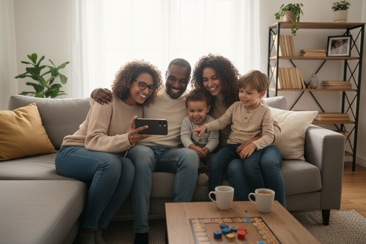 family together on smartphone